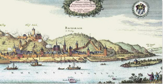 Bacharach mit Stadtbefestigung im Jahre 1632 (Kupferstich nach Matthaeus Merian)]